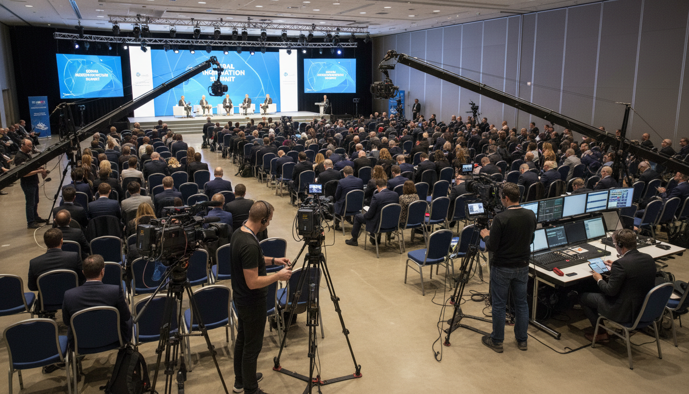 What questions should I ask a video production company What questions should I ask a video production company — Questions Ask Video Production Company featured image: Photorealistic wide editorial shot, multi-camera crew filming a large corporate conference