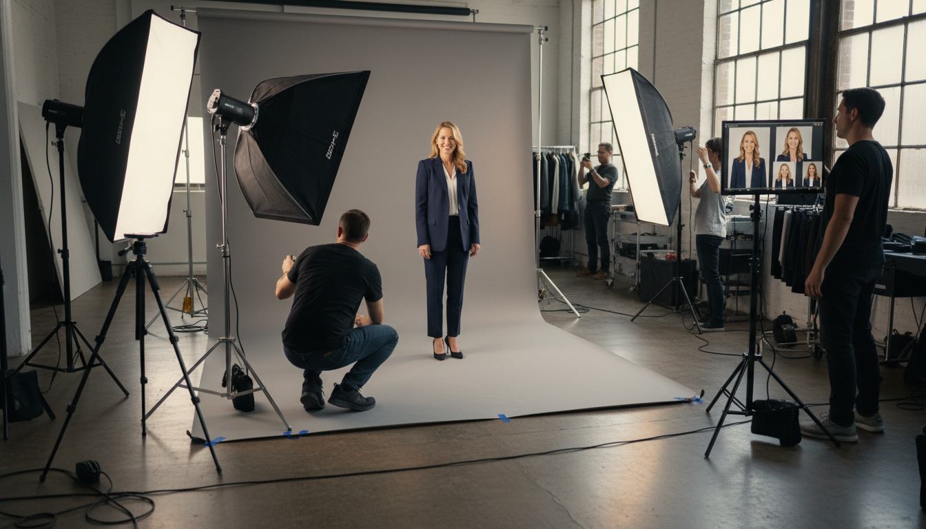 How do I hire a corporate video production company — Hire Corporate Video Production Company featured image: Editorial behind-the-scenes shot of a professional corporate headshot photography session.