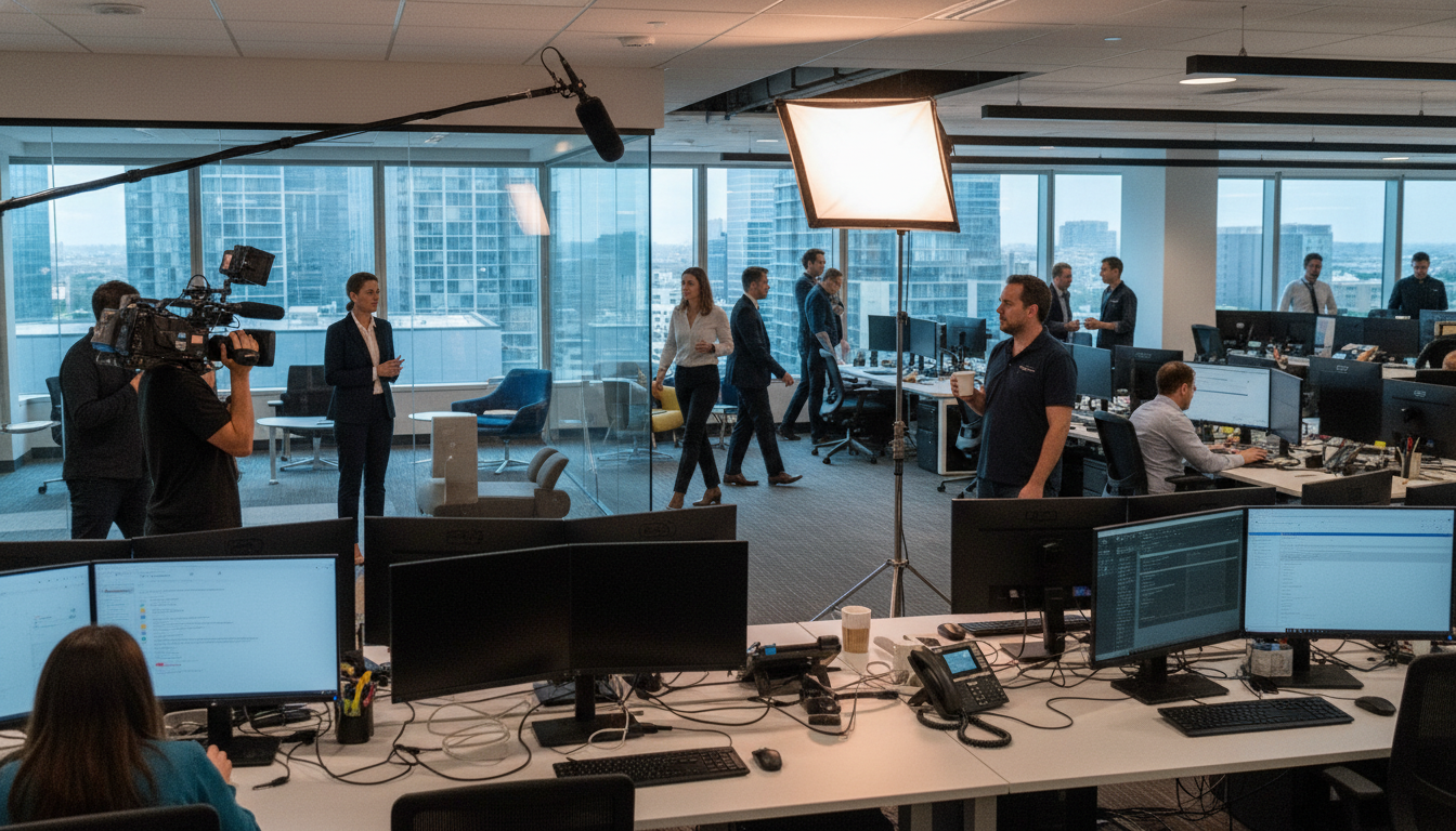How long does it take to produce a corporate video How long does it take to produce a corporate video — Long Take Produce Corporate Video featured image: Photorealistic documentary photo, behind-the-scenes of a busy corporate