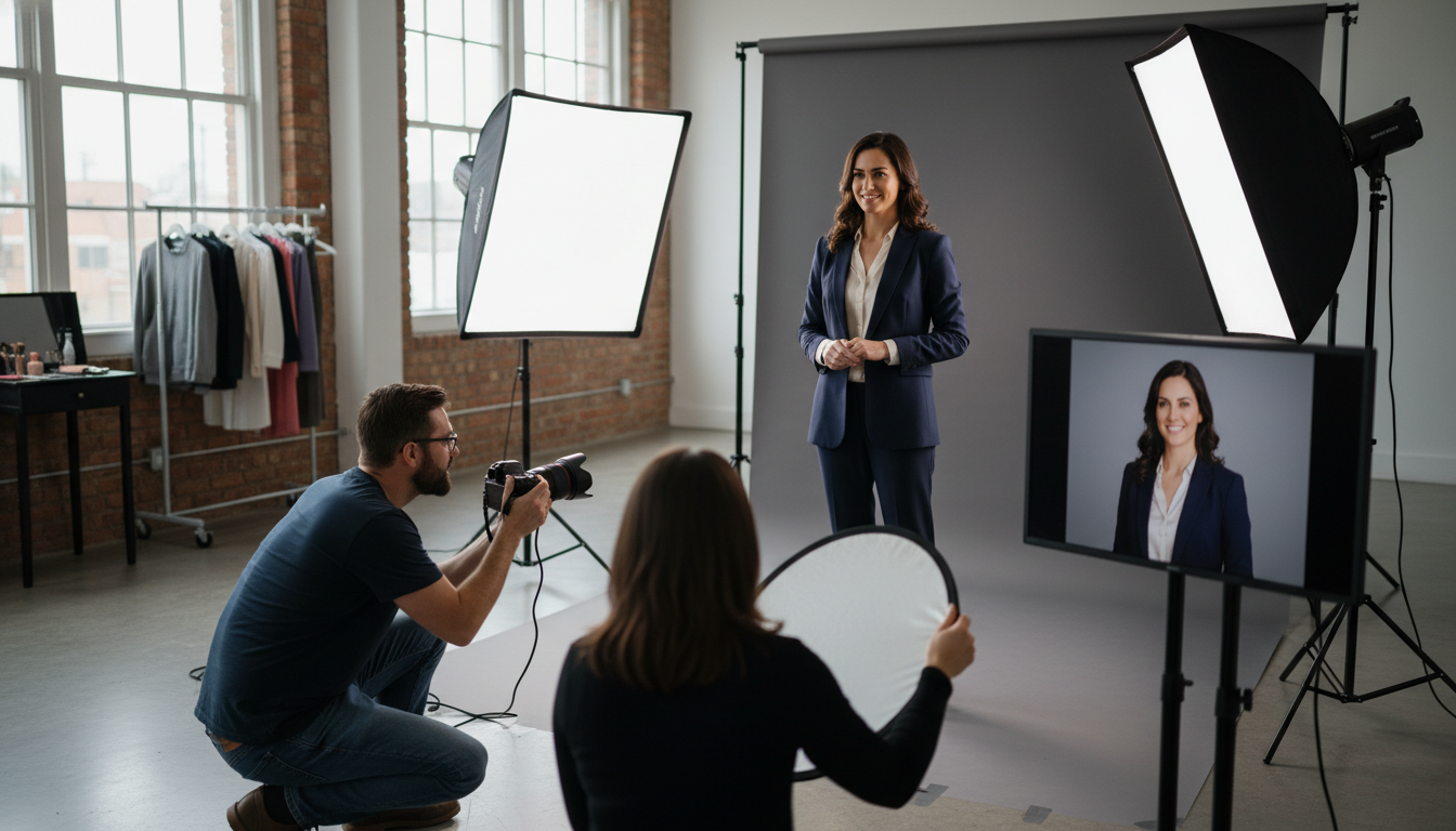 How to find an affordable corporate videographer in Atlanta — Find Affordable Corporate Videographer A featured image: A photorealistic editorial photograph capturing a corporate headshot session in progress